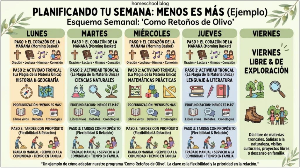 Infografía de planificación semanal de escuela en casa 'Como Retoños de Olivo'